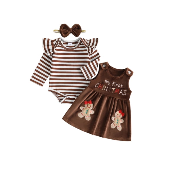 Loicainy Infant Baby Girls Christmas Outfit 3 6 12 18 Months Striped Romper with Overall Dress and Headband Clothes Set