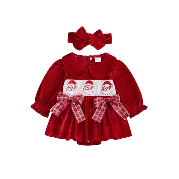 Loicainy Infant Baby Girls Christmas Romper 3 6 12 18 24 Months Long Sleeve Embroidery Santa Bodysuit Headband