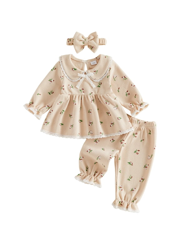 Infant Baby Girls Fall Outfit 3 6 12 18 24 Months Floral Long Sleeve T-shirt with Pants and Headband Clothes Set