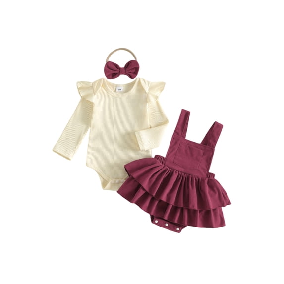 Loicainy Infant Baby Girls Fall Outfit 3 6 9 12 18 Months Long Sleeve Romper with Overall Dress and Headband Clothes Set