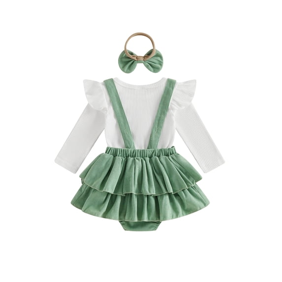 Loicainy Infant Baby Girls Fall Outfit 3 6 9 12 18 Months Long Sleeve Romper with Overall Dress and Headband Clothes Set