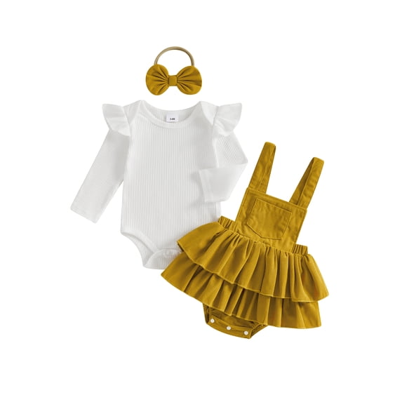 Loicainy Infant Baby Girls Fall Outfit 3 6 9 12 18 Months Long Sleeve Romper with Overall Dress and Headband Clothes Set