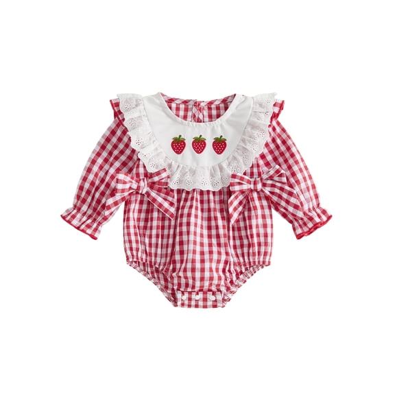 Loicainy Infant Baby Girls Fall Plaid Bodysuits 3 6 12 18 Months Strawberry Embroidery Lace Ruffles Romper