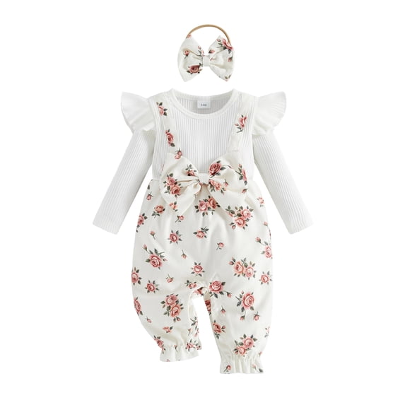 Loicainy Infant Baby Girls Fall Romper Outfits 3 6 9 12 Months Rose Print Long Sleeve Jumpsuit and Headband Set