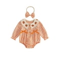 thumbnail image 1 of Loicainy Infant Baby Girls Halloween Bodysuit 3 6 9 12 18 Months Knitted Crocheted Pumpkin Doll Collar Plaid Long Sleeves Romper and Headband, 1 of 9