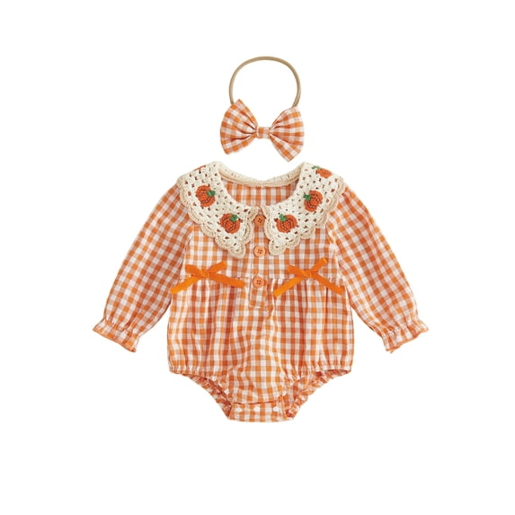 Loicainy Infant Baby Girls Halloween Bodysuit 3 6 9 12 18 Months Knitted Crocheted Pumpkin Doll Collar Plaid Long Sleeves Romper and Headband