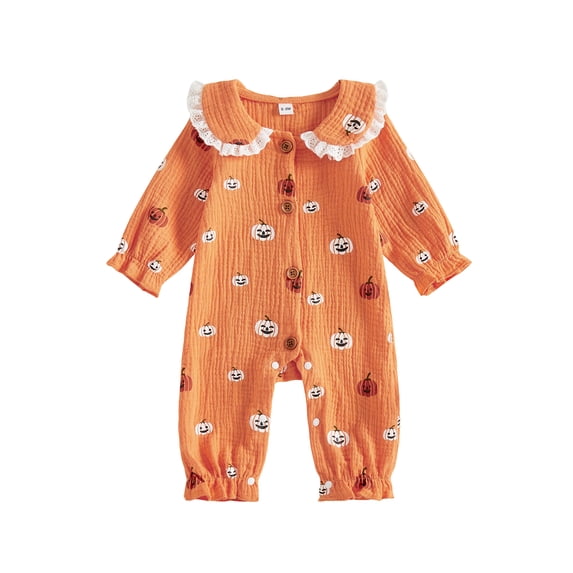 Loicainy Infant Baby Girls Halloween Romper 3 6 9 12 18 Months Long Sleeve Doll Collar Pumpkin Jumpsuit Outfits