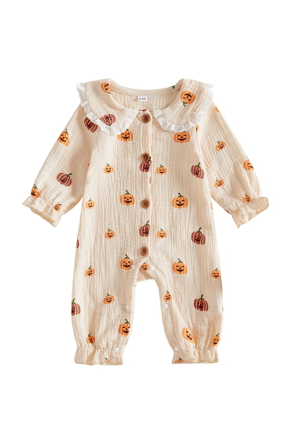 Infant Baby Girls Halloween Romper 3 6 9 12 18 Months Long Sleeve Doll Collar Pumpkin Jumpsuit Outfits