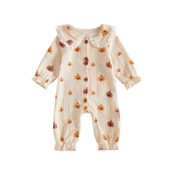 Loicainy Infant Baby Girls Halloween Romper 3 6 9 12 18 Months Long Sleeve Doll Collar Pumpkin Jumpsuit Outfits
