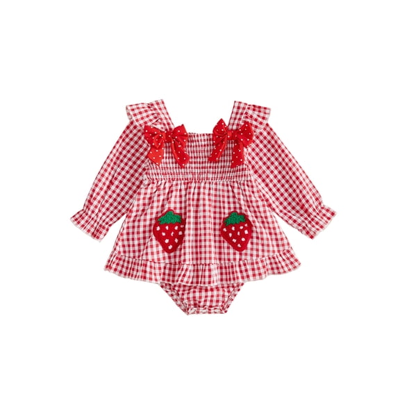 Loicainy Infant Baby Girls Plaid Romper 3 6 9 12 18 24 Months Strawberry Embroidery Long Sleeve Bodysuit with Bow