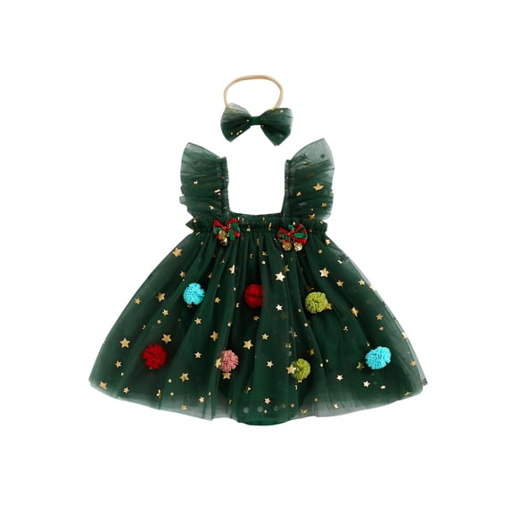 Loicainy Infant Baby Girls Romper Dress Christmas Clothes 3 6 9 12 18 Months Bobbles Bells Decor Mesh Skirts Hem Sleeveless Bodysuits with Headband