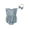 thumbnail image 1 of Loicainy Infant Baby Toddler Girl Solid Color Romper 3 6 12 18 Months Flying Sleeve Crew Neck Bodysuit with Bow Headband Set, 1 of 9