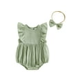 thumbnail image 1 of Loicainy Infant Baby Toddler Girl Solid Color Romper 3 6 12 18 Months Flying Sleeve Crew Neck Bodysuit with Bow Headband Set, 1 of 9