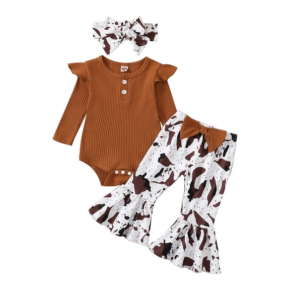 Loicainy Infant Baby Toddler Girls Autumn Outfits, Solid Color Ribbed Fly Sleeve Round Neck Romper + Leopard/Cow Flare Pants Clothes Set