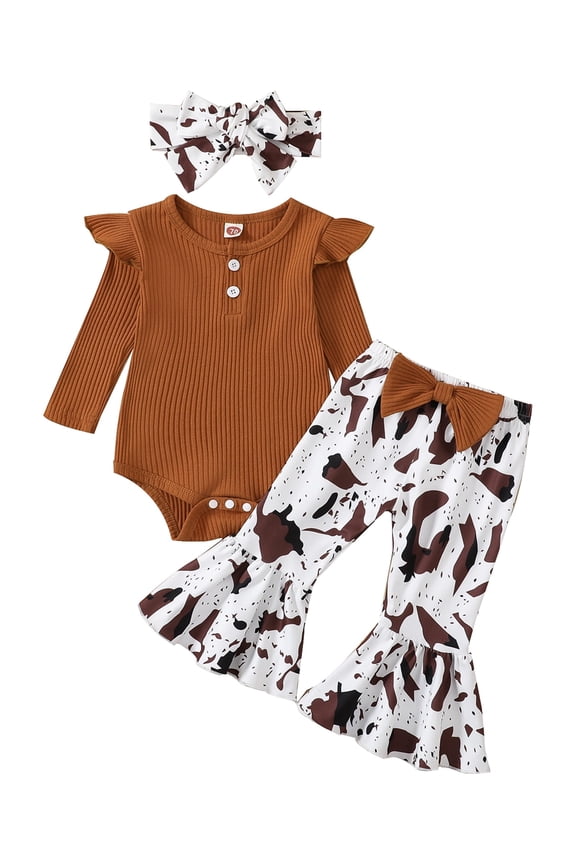 Infant Baby Toddler Girls Autumn Outfits, Solid Color Ribbed Fly Sleeve Round Neck Romper + Leopard/Cow Flare Pants Clothes Set