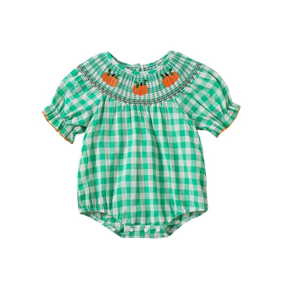 Loicainy Infant Baby Toddler Halloween Bodysuit 3 6 12 18 24 Months 2T 3T Pumpkin Embroidered Plaid Short Sleeve Round Neck Ruffled Romper