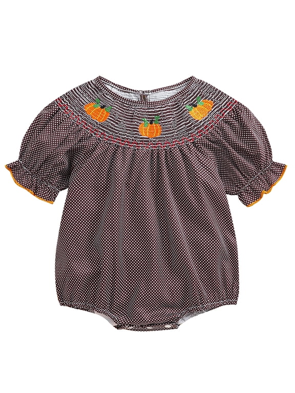 Infant Baby Toddler Halloween Bodysuit 3 6 12 18 24 Months 2T 3T Pumpkin Embroidered Plaid Short Sleeve Round Neck Ruffled Romper