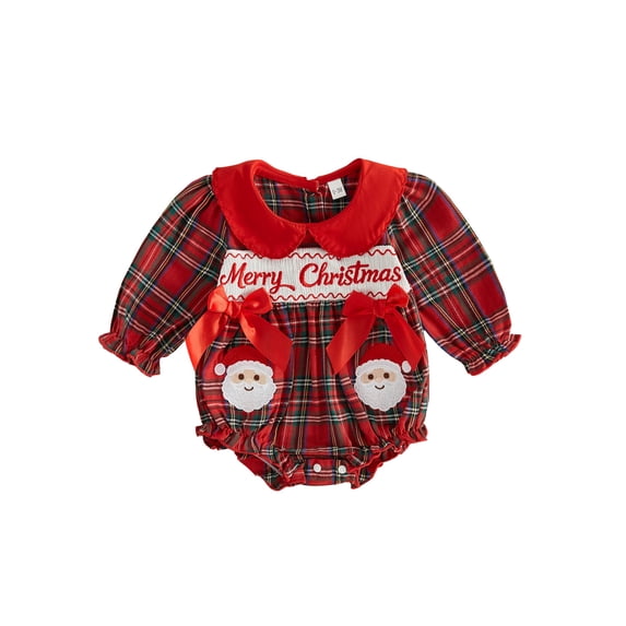 Loicainy Infnat Baby Girl Christmas Plaid Romper with Bows Embroidered Long Sleeve Bodysuit 3 6 12 18 Months