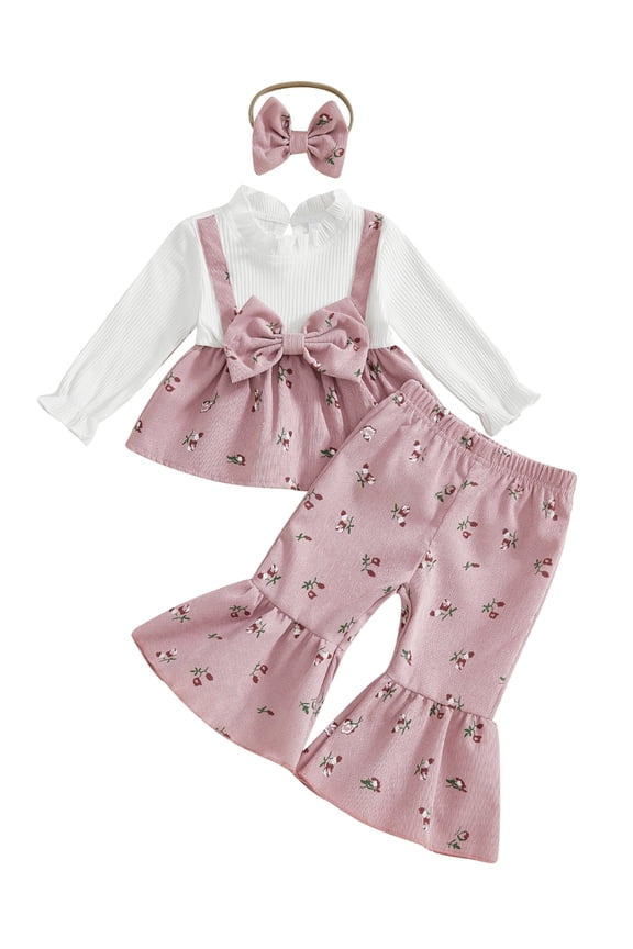 Kid Toddler Girls Flare Pants Clothes Set 5 12 18 24 Months 2T 3T 4T Long Sleeve Crew Neck Dress with Floral Pants Headband Fall Outfit