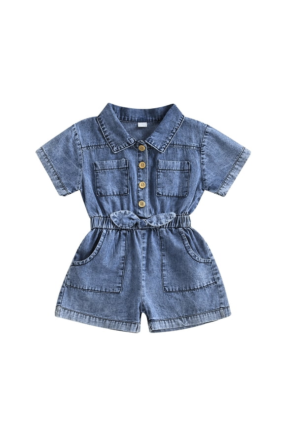 Kids Toddler Girls Denim Jumpsuit 12 18 24 Months 2T 3T 4T 5T Shorts Short Sleeves Turn Down Collar Button Down Elastic Waist Jean Romper