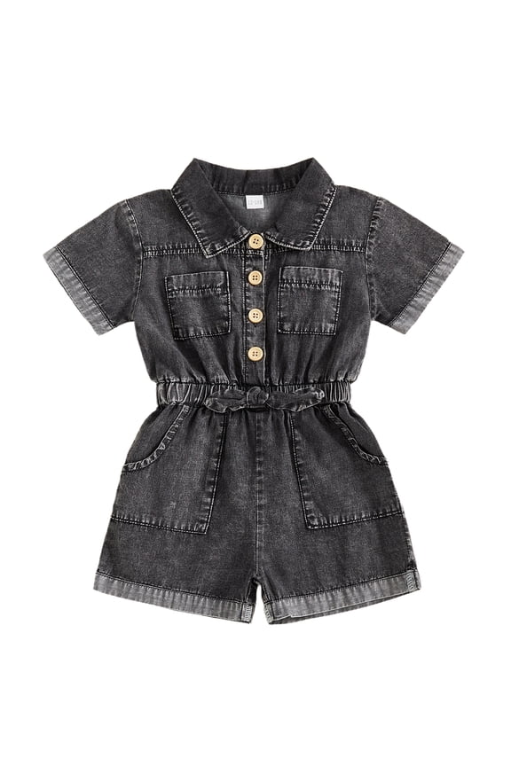 Kids Toddler Girls Denim Jumpsuit 12 18 24 Months 2T 3T 4T 5T Shorts Short Sleeves Turn Down Collar Button Down Elastic Waist Jean Romper