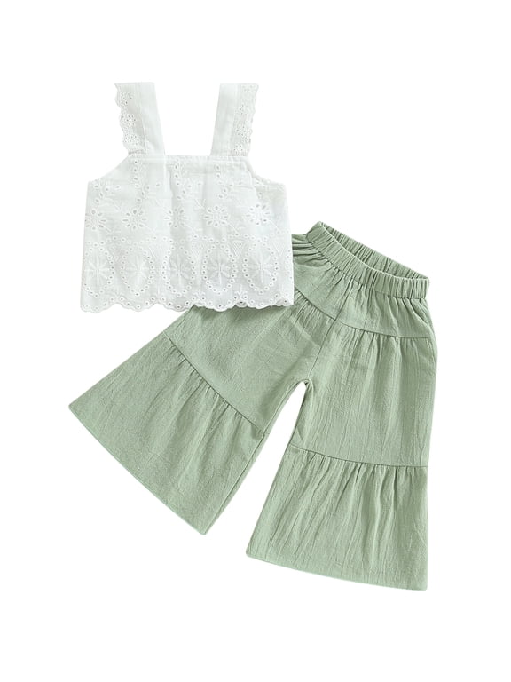 Kids Toddler Girls Summer Outfit 18 24 Months 2T 3T 4T 5T 6T Solid Color Sleeveless Lace Tank Tops and Elastic Casual Wide Leg Pants Summer Clothes Set