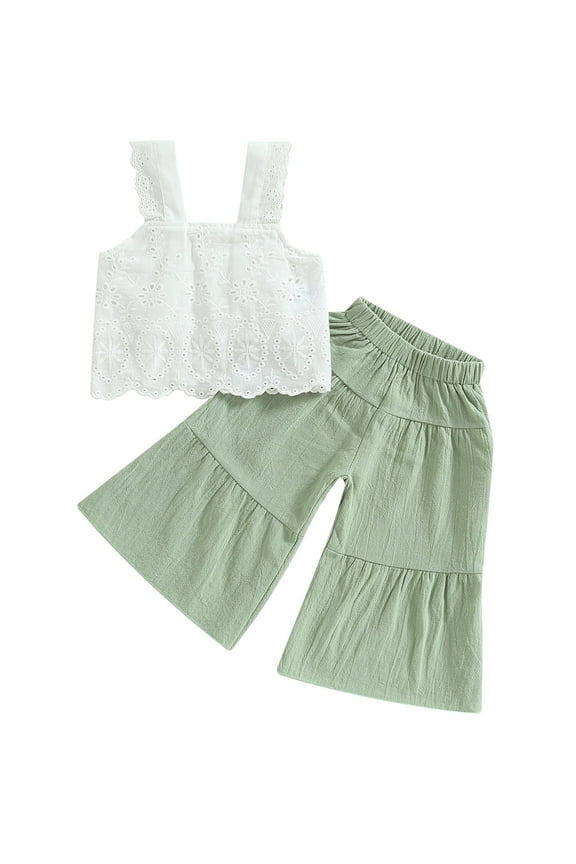 Kids Toddler Girls Summer Outfit 18 24 Months 2T 3T 4T 5T 6T Solid Color Sleeveless Lace Tank Tops and Elastic Casual Wide Leg Pants Summer Clothes Set