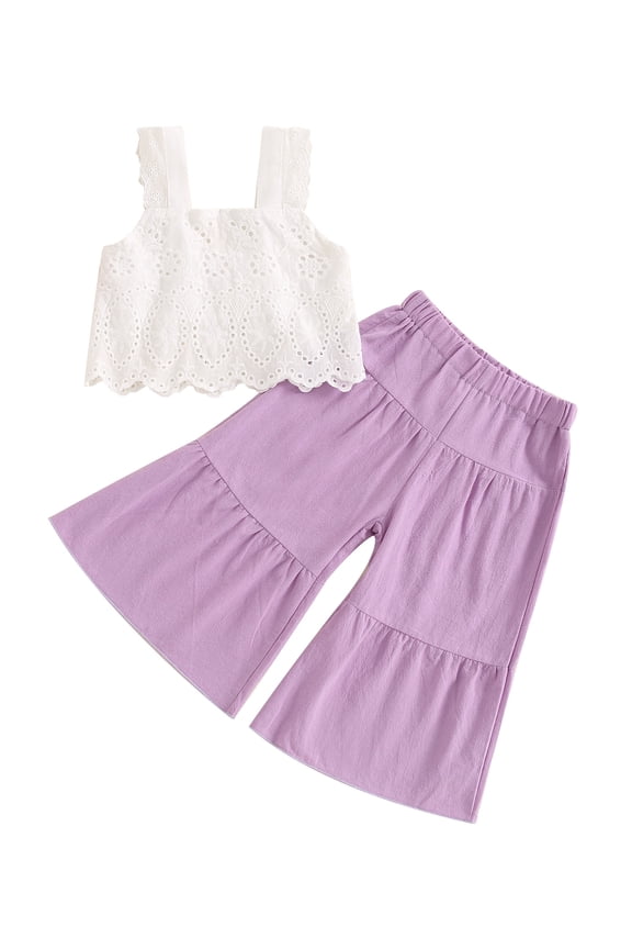 Kids Toddler Girls Summer Outfit 18 24 Months 2T 3T 4T 5T 6T Solid Color Sleeveless Lace Tank Tops and Elastic Casual Wide Leg Pants Summer Clothes Set