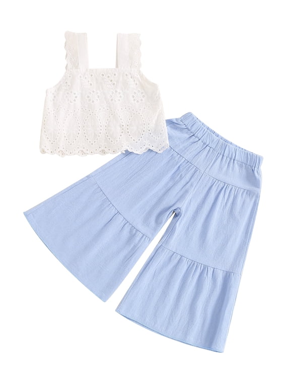 Kids Toddler Girls Summer Outfit 18 24 Months 2T 3T 4T 5T 6T Solid Color Sleeveless Lace Tank Tops and Elastic Casual Wide Leg Pants Summer Clothes Set