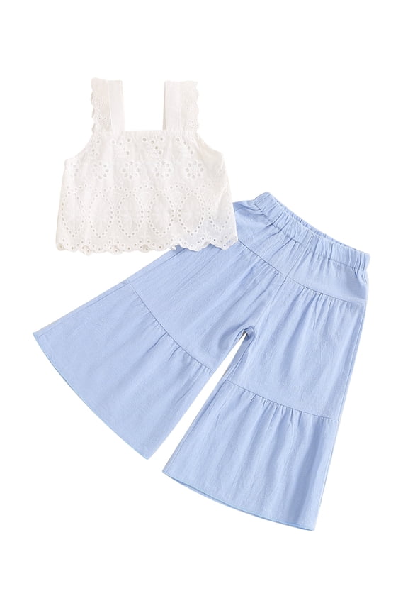 Kids Toddler Girls Summer Outfit 18 24 Months 2T 3T 4T 5T 6T Solid Color Sleeveless Lace Tank Tops and Elastic Casual Wide Leg Pants Summer Clothes Set