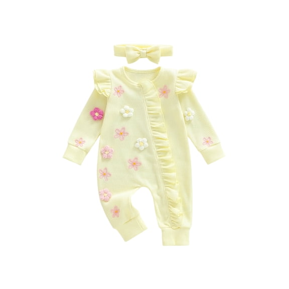Loicainy Newborn Baby Girl 3D Floral Romper 3 6 12 Months Long Sleeve Round Neck Ruffle Jumpsuit with Headband Fall Spring Set