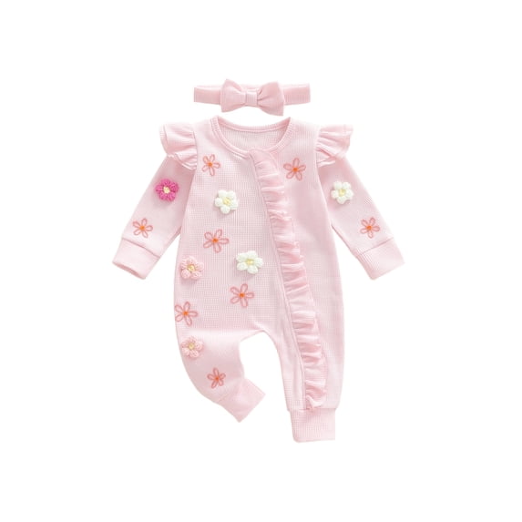 Loicainy Newborn Baby Girl 3D Floral Romper 3 6 12 Months Long Sleeve Round Neck Ruffle Jumpsuit with Headband Fall Spring Set