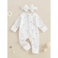 thumbnail image 1 of Loicainy Newborn Baby Girl Spring Fall Romper 3 6 Months Bow Print Long Sleeve Full Length Zipper Front Ribbed Jumpsuit Bow Headband 2Pcs Set, 1 of 9