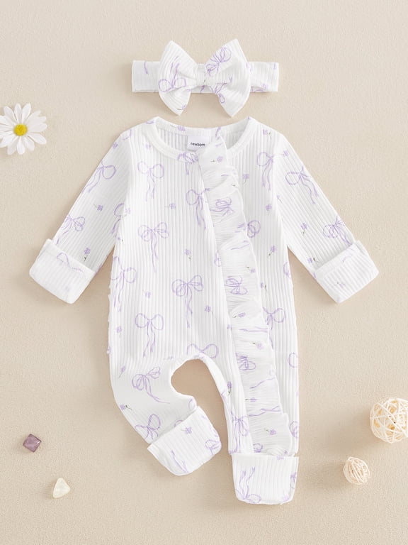 Newborn Baby Girl Spring Fall Romper 3 6 Months Bow Print Long Sleeve Full Length Zipper Front Ribbed Jumpsuit Bow Headband 2Pcs Set