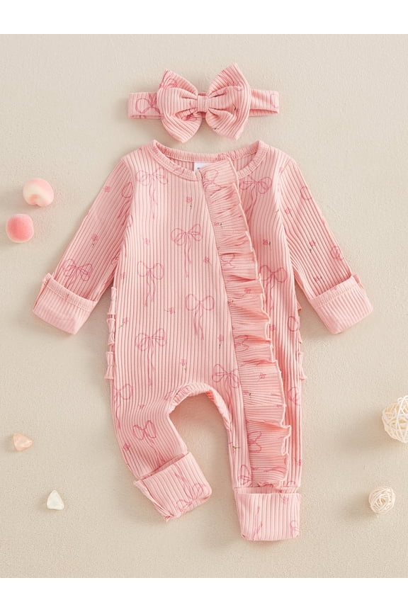 Newborn Baby Girl Spring Fall Romper 3 6 Months Bow Print Long Sleeve Full Length Zipper Front Ribbed Jumpsuit Bow Headband 2Pcs Set