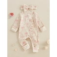 thumbnail image 1 of Loicainy Newborn Baby Girl Spring Fall Romper 3 6 Months Bow Print Long Sleeve Full Length Zipper Front Ribbed Jumpsuit Bow Headband 2Pcs Set, 1 of 9