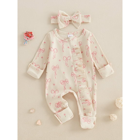 Loicainy Newborn Baby Girl Spring Fall Romper 3 6 Months Bow Print Long Sleeve Full Length Zipper Front Ribbed Jumpsuit Bow Headband 2Pcs Set