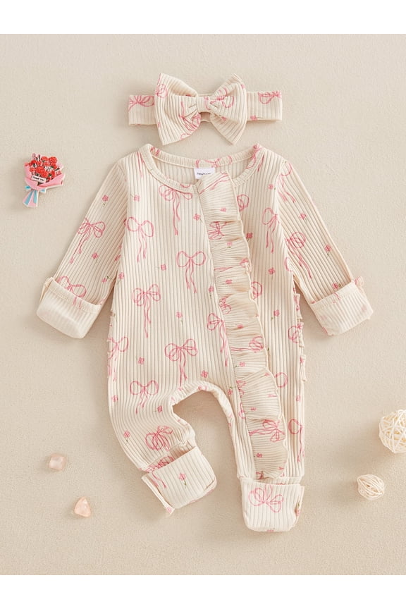Newborn Baby Girl Spring Fall Romper 3 6 Months Bow Print Long Sleeve Full Length Zipper Front Ribbed Jumpsuit Bow Headband 2Pcs Set