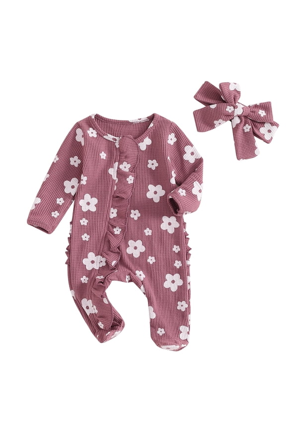 Newborn Baby Girls Footies Romper 3 6 12 Months Long Sleeve Crew Neck Frills Zipped Floral Jumpsuit and Headband Fall Spring Clothes