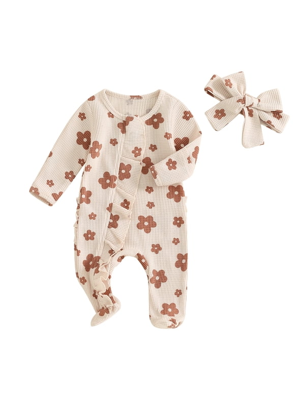 Newborn Baby Girls Footies Romper 3 6 12 Months Long Sleeve Crew Neck Frills Zipped Floral Jumpsuit and Headband Fall Spring Clothes