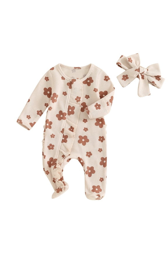 Newborn Baby Girls Footies Romper 3 6 12 Months Long Sleeve Crew Neck Frills Zipped Floral Jumpsuit and Headband Fall Spring Clothes