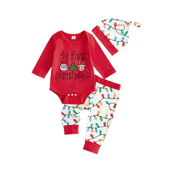 Loicainy Newborn Infant Baby Boy Christmas Clothes Set 3 6 12 18 Months Letter Embroidery Long Sleeve Romper Lights String Pattern Long Pants and Hat 3Pcs Outfit