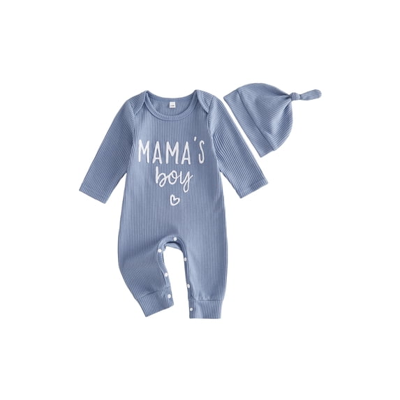 Loicainy Newborn Infant Boy Fall Romper 3 6 9 Months Waffled Letter Embroidery Long Sleeve Crew Neck Full Length Jumpsuit with Hat 2 Piece Set