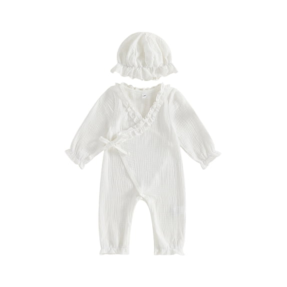 Loicainy Newborn Infant Girl Fall Romper 3 6 Months Ruffle Trim Long Sleeve Wrapped Tie Bodysuit and Hat 2 Piece Set