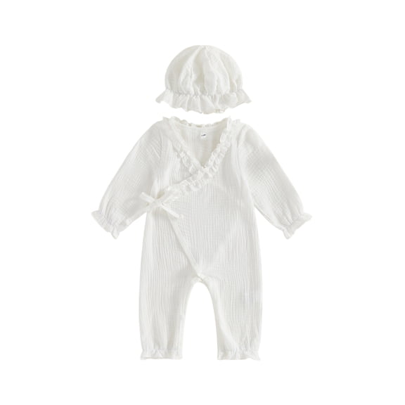 Loicainy Newborn Infant Girl Fall Romper 3 6 Months Ruffle Trim Long Sleeve Wrapped Tie Bodysuit and Hat 2 Piece Set