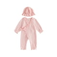 thumbnail image 1 of Loicainy Newborn Infant Girl Fall Romper 3 6 Months Ruffle Trim Long Sleeve Wrapped Tie Bodysuit and Hat 2 Piece Set, 1 of 9