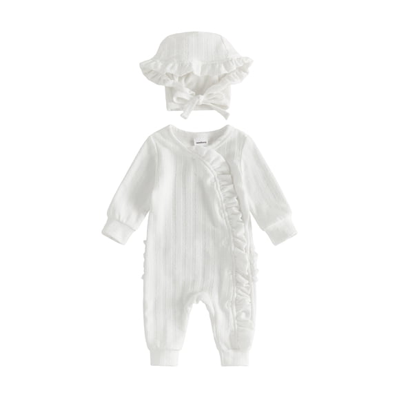 Loicainy Newborn Infant Girl Fall Romper 3 6 Months Ruffled Trim Long Sleeve Bodysuit and Hat 2 Pcs Set