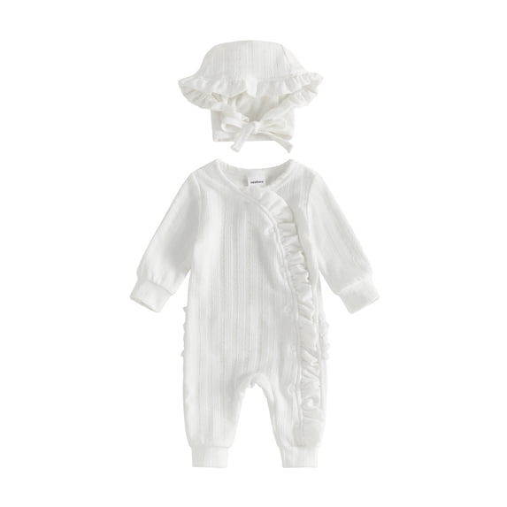 Loicainy Newborn Infant Girl Fall Romper 3 6 Months Ruffled Trim Long Sleeve Bodysuit and Hat 2 Pcs Set