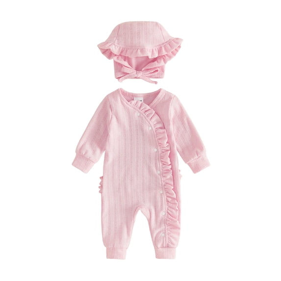 Loicainy Newborn Infant Girl Fall Romper 3 6 Months Ruffled Trim Long Sleeve Bodysuit and Hat 2 Pcs Set