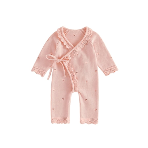 Loicainy Newborn Infant Girl Front Tie Knit Romper 3 6 Months Scallop Trim V Neck Long Sleeve Jumpsuit